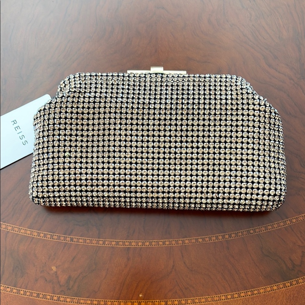 Reiss Gold/Light Bronze Metallic and Black Evening Clutch Small Bag W/Chain NWT